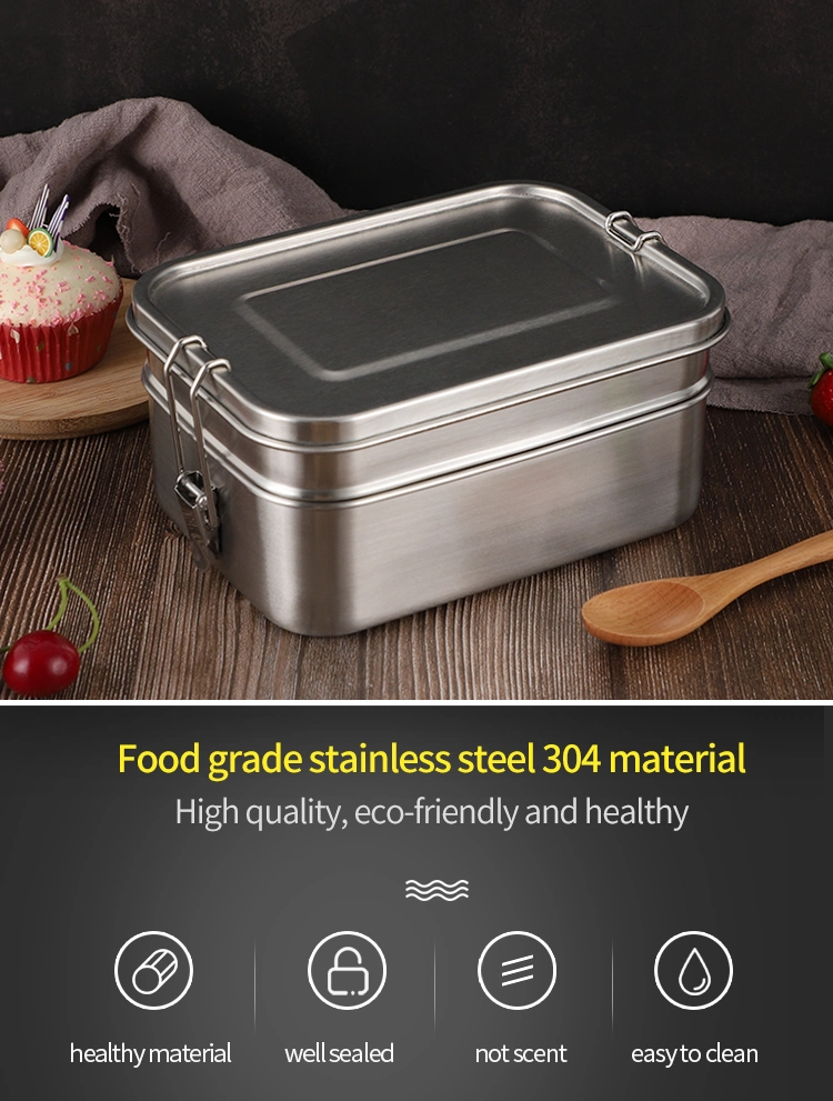 LFGB Reusable Camping Sealed Double Layer OEM/ODM Logo Customizable Food Packing Container Stainless Steel Bento Box Lunch Box