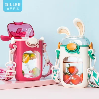 Bouteilles d'eau en plastique sans BPA Tritan Kids Rabbit en gros avec sangle